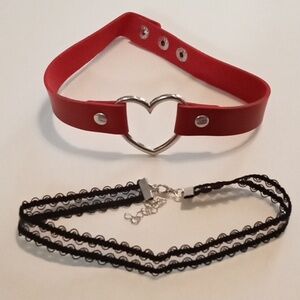 #990. 2 Piece Red Faux Leather Heart & Black Lace Choker Necklace Bundle
